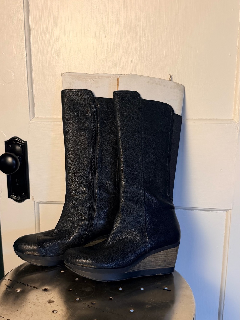 Tsubo Black Leather Tall Wedge Boot | Size 8